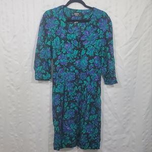 VINTAGE DAWN JOY FASHIONS 1980'S Longsleeve Dress Green/ Purple/Black Size Small